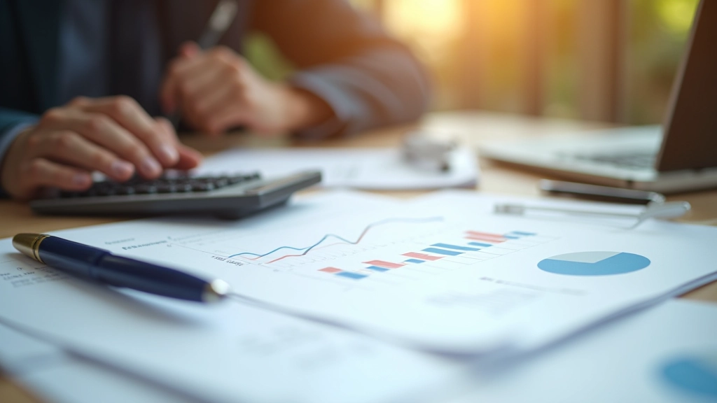 Graphique montrant l'analyse financière mensuelle avec calculatrice et documents