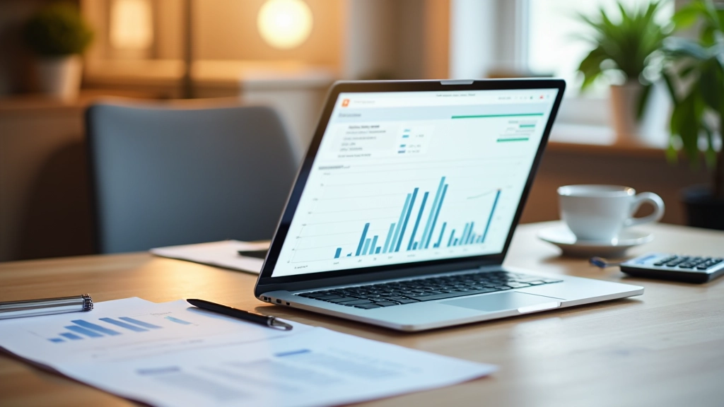 Bureau avec ordinateur affichant un logiciel de gestion comptable et financière