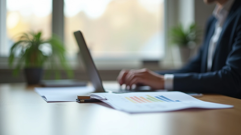 Bureau financier moderne avec ordinateur portable, documents et graphiques de gestion budgétaire