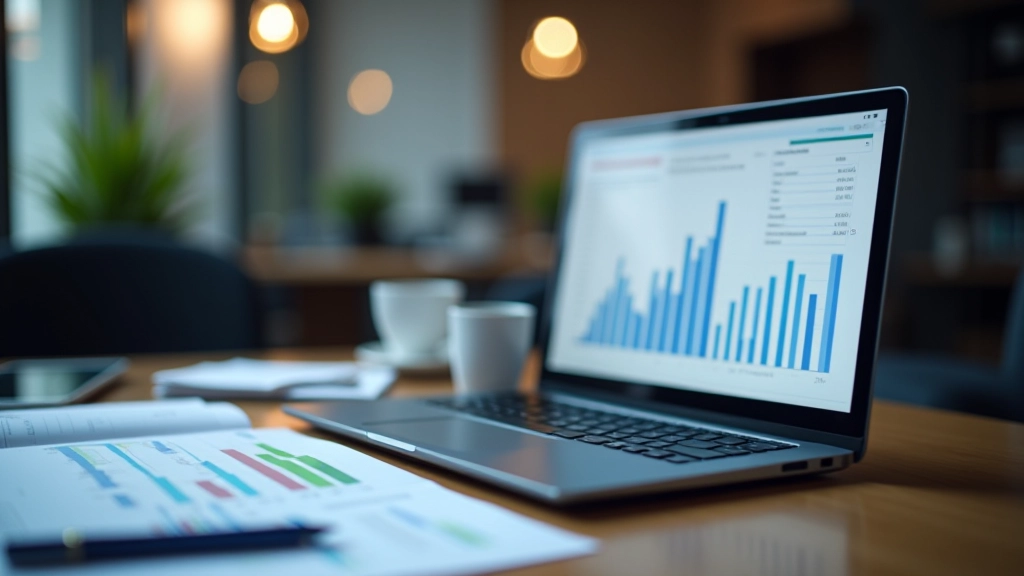 Environnement de travail avec ordinateur portable montrant des graphiques financiers