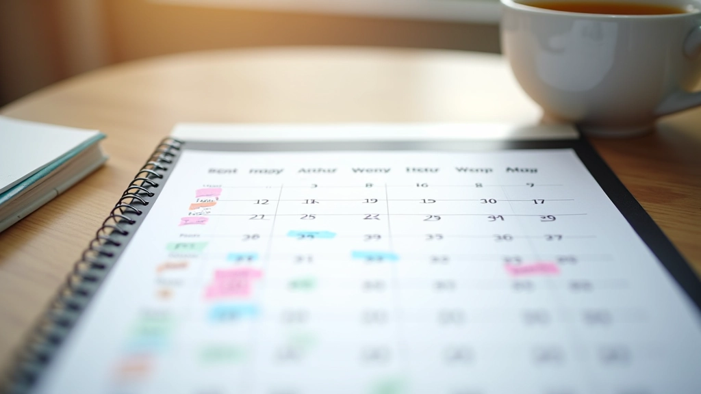 Calendrier mensuel avec notes et annotations de budgétisation, stylos multicolores, café à côté