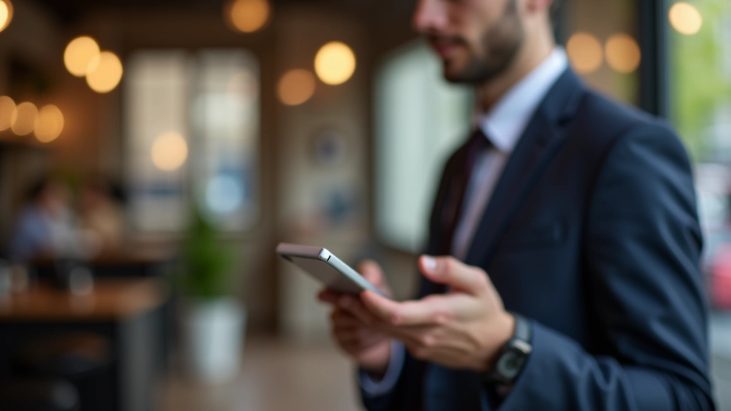 Personne consultant une application financière sur smartphone dans un cadre professionnel moderne