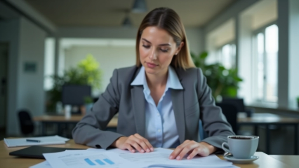 Personne consultant un document d'assurance à son bureau, stylo en main, environnement de travail moderne