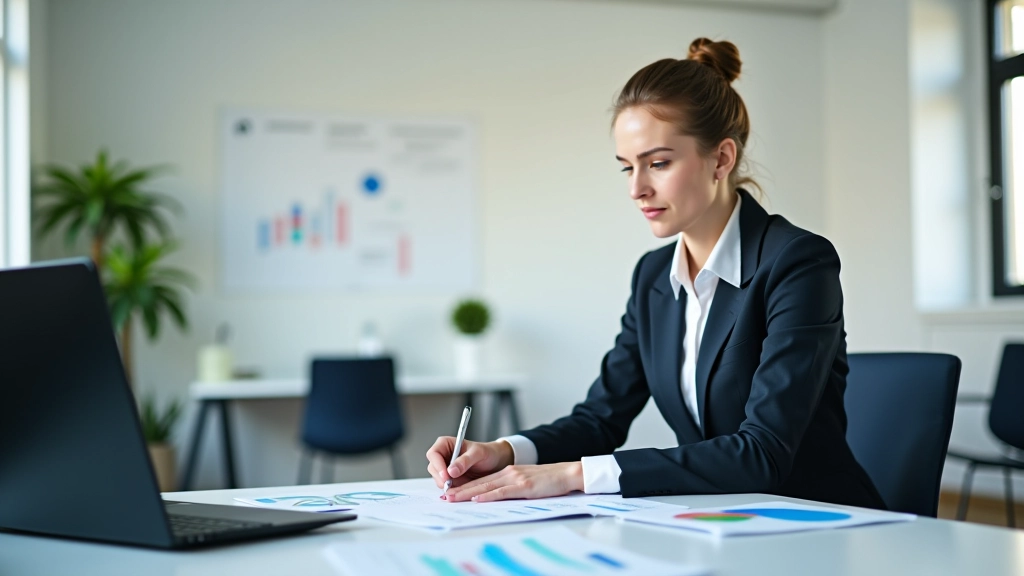Professionnelle étudiant des données financières sur son écran au bureau